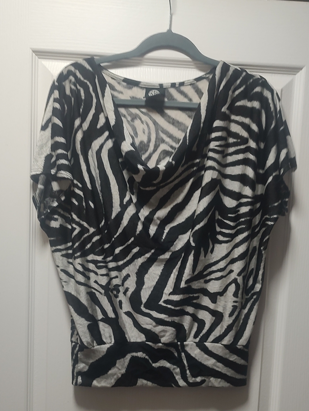 bobeau Black and White Zebra Print Cowl Neck Top